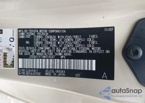 2008 Toyota Fj Cruiser из США, поврежденный, VIN JTEBU11F18K016547